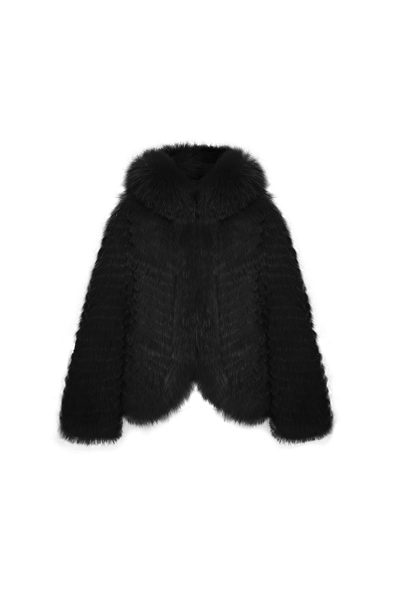 Hooded Heart Rose Fox Fur Jacket（Black） – Ozlana